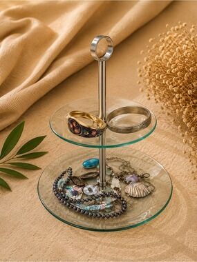 Minimalist Two-Tier Glass & Brushed Metal Serving Stand | Cupcake Display Tray